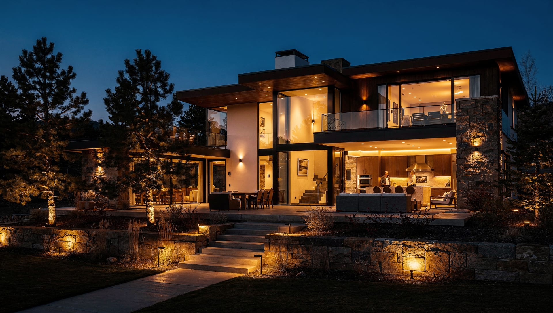 A modern Colorado home at blue hour with warm landscape lighting