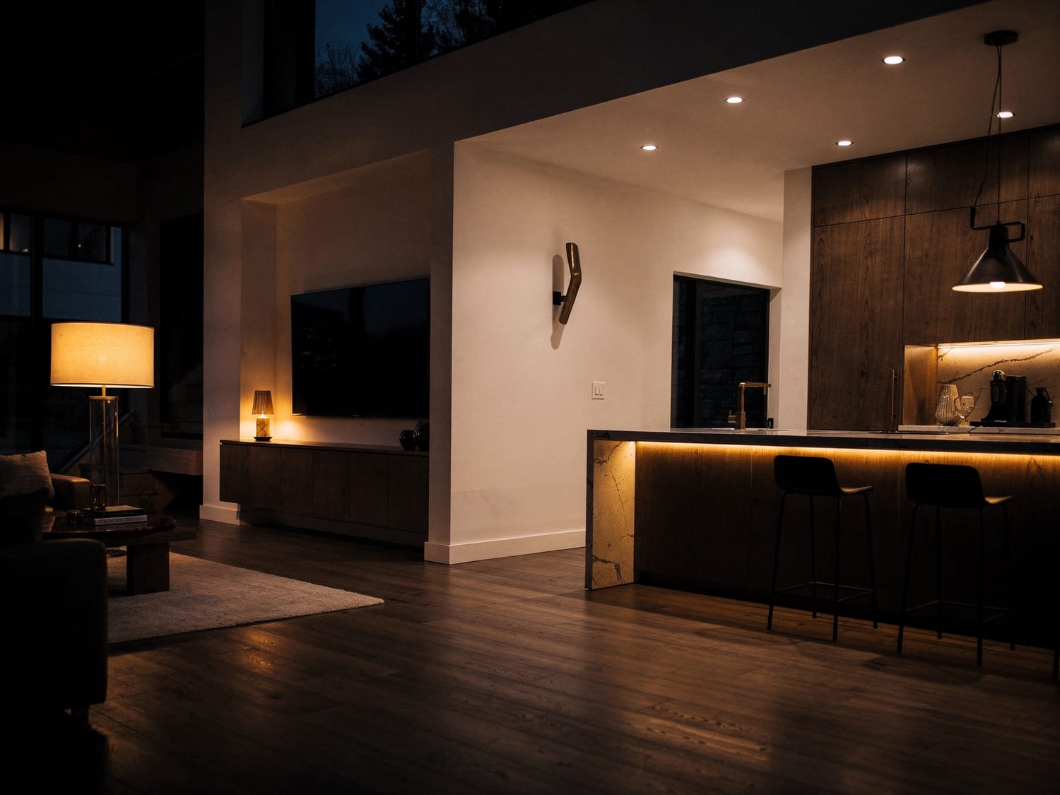 A finished living space washed in warm accent and recessed lighting